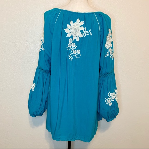 Sundance Naomi Isles Embroidered Boho Peasant Top Turquoise Blue Size Large - Picture 8 of 15